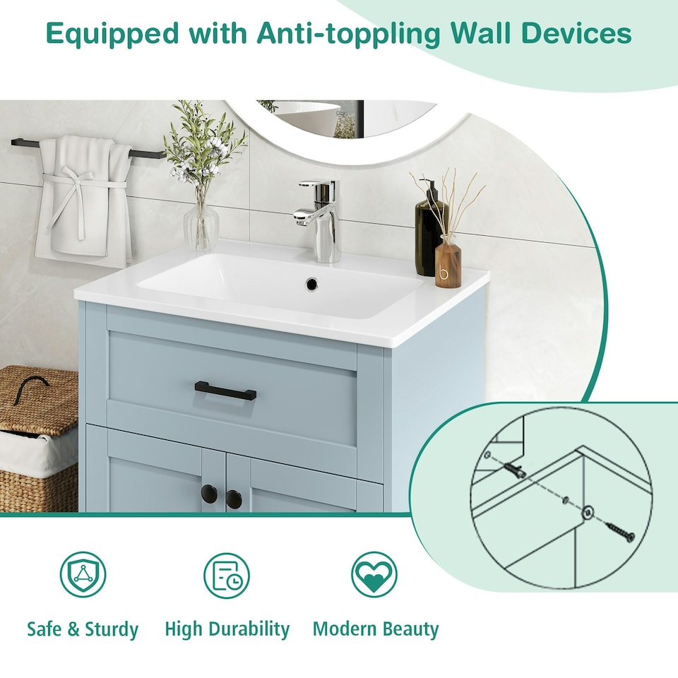 image 1 of COSTWAY Bathroom Vanity Storage Cabinet w/2 Doorsy Grey