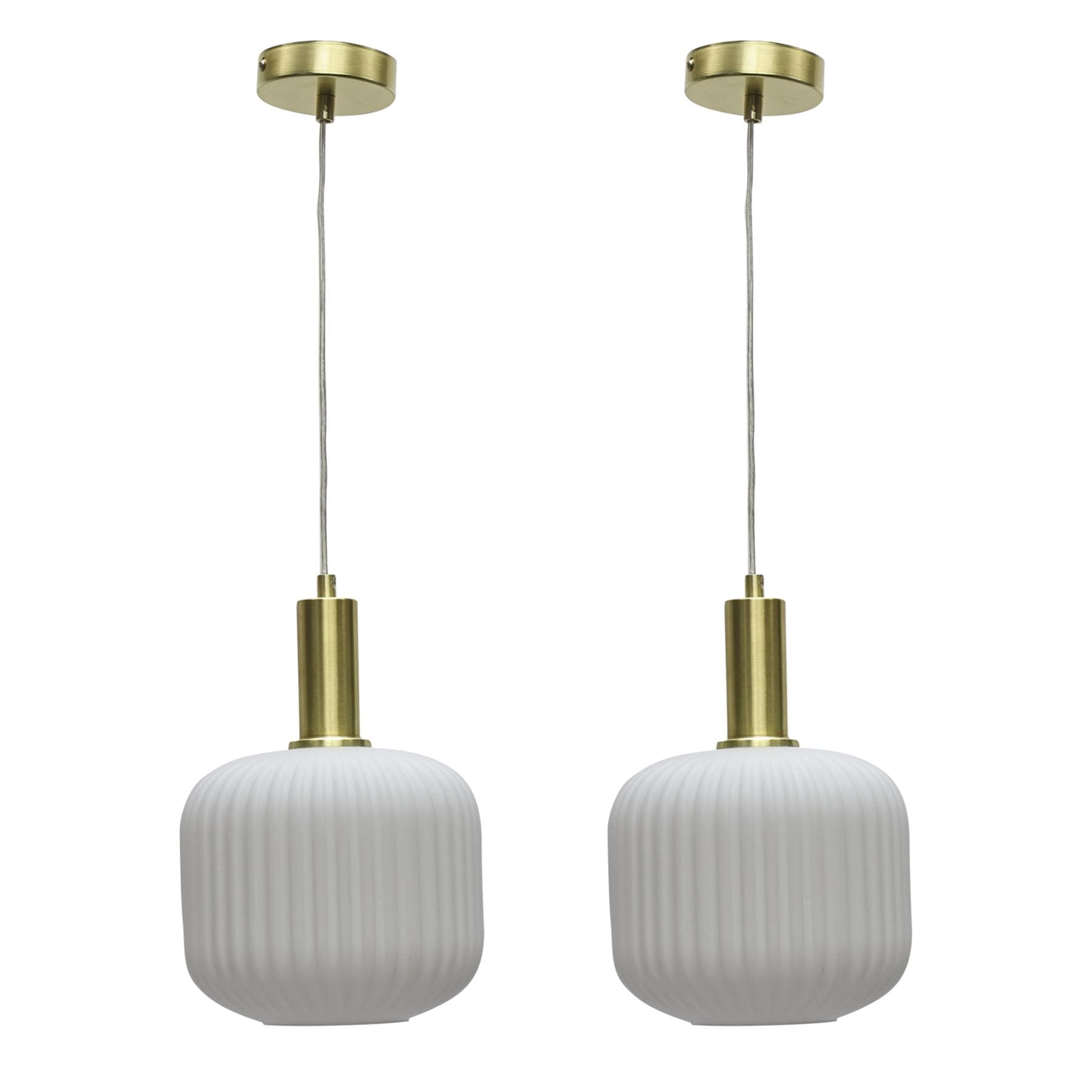 Set of 2 Bento - White Ribbed Glass Satin Brass Deco Pendant Fittings