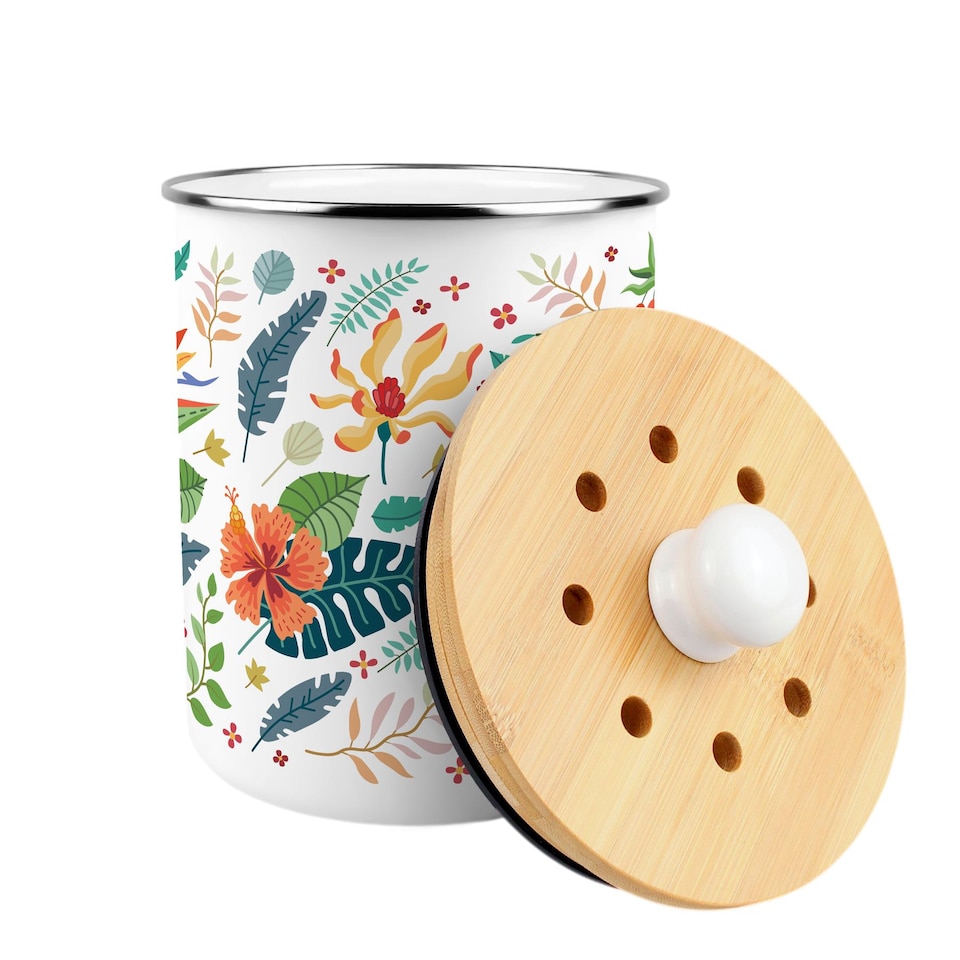 image 1 of Tropical Flowers Food Waste Caddy - Metal 2L Decorative Kitchen Compost Bin