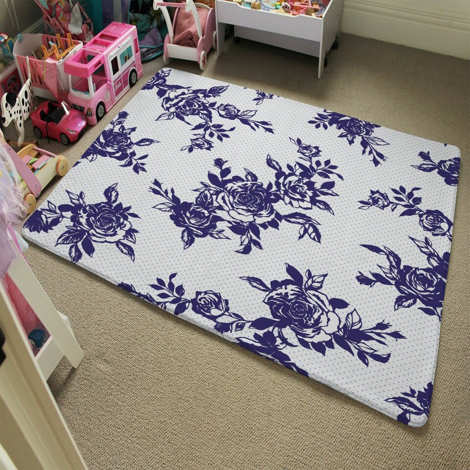 image 1 of Roses Print On Polka Dots (Rug) Blue | Medium: 80x150cm