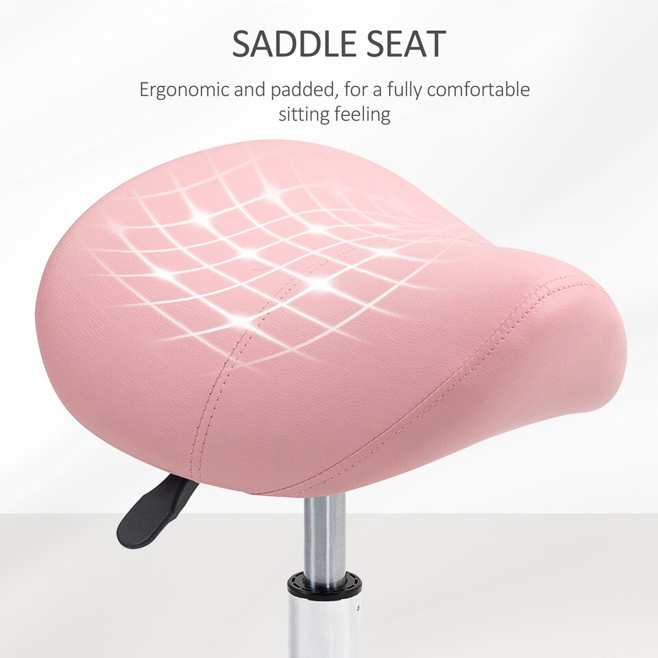 image 1 of HOMCOM Saddle Stool, PU Leather Adjustable Rolling Salon Chair with Steel Frame for Massage, Spa, Beauty and Tattoo, Pink | Pink | 1