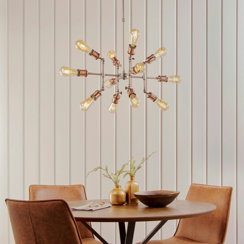 image 1 of Hal Large Industrial Style Multi Arm Pendant Light, Aged Pewter & Copper with Adjustable Heads