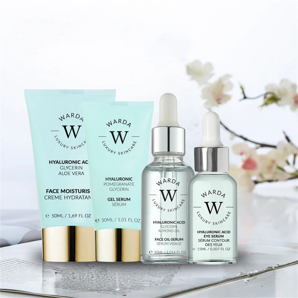 image 1 of Warda Luxury Skincare Skin Hydration Boost Hyaluronic Acid Moisturiser 50ml + Skin Hydration Boost Hyaluronic Acid Eye Serum 15ml + Skin Hydration Boost Hyaluronic Acid Gel Serum 30ml + Hyaluronic Acid Hydration Boost Oil Serum 30ml