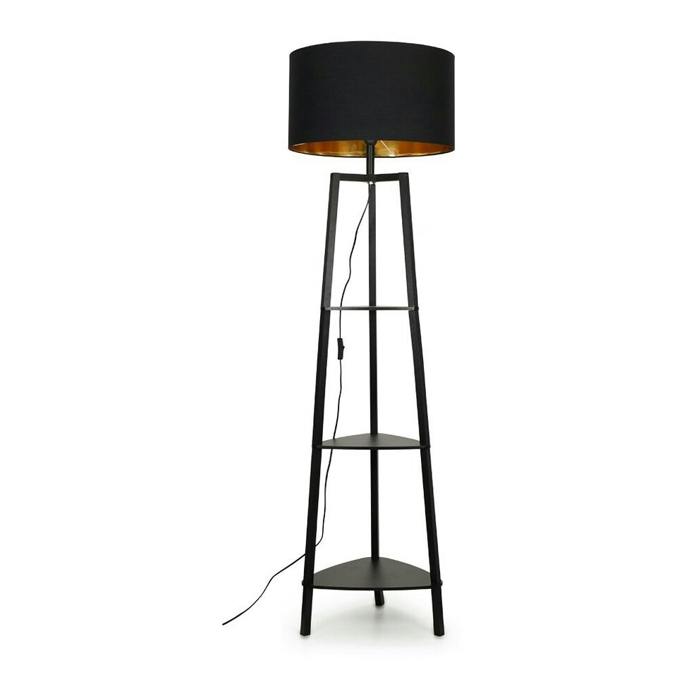 image 1 of ValueLights Black Wooden 3 Tier Floor Standard Lamp with Storage Shelves- Black/Gold Shade + LED Bulb