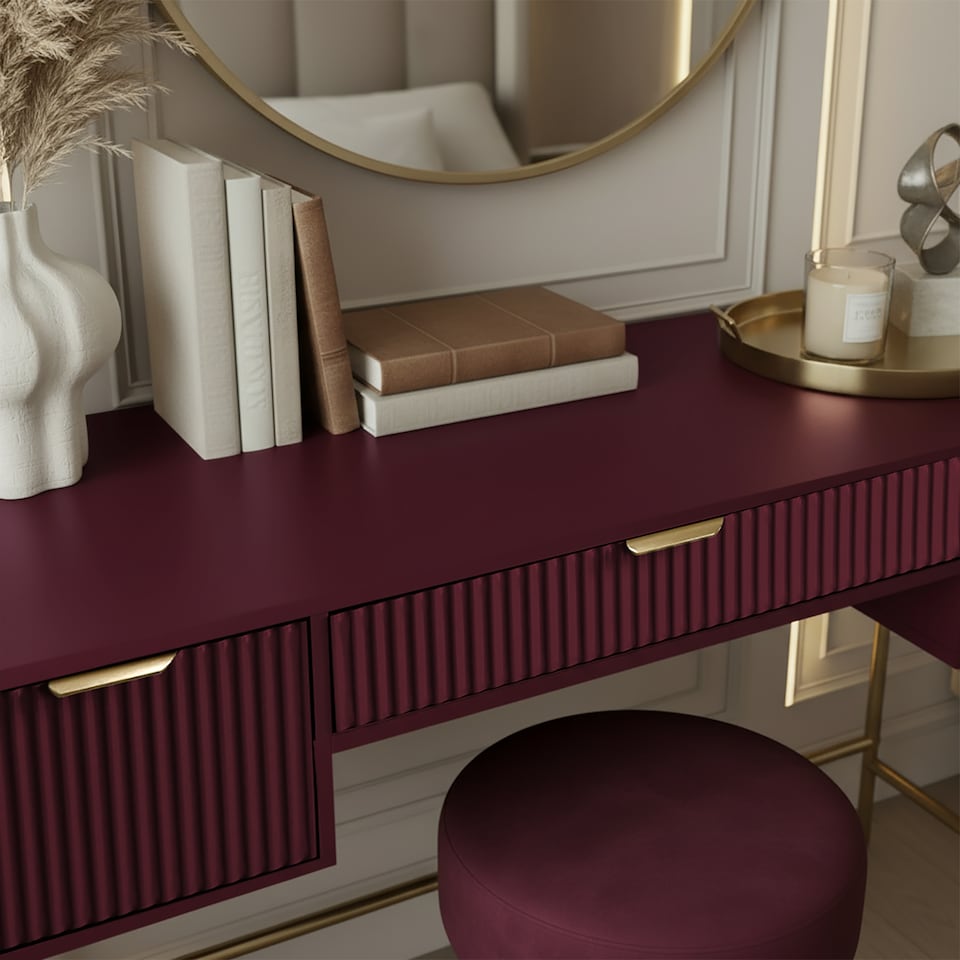 image 1 of OHS Ribbed Dressing Table Vanity Makeup Desk with 3 Drawers | Red | Dark Berry