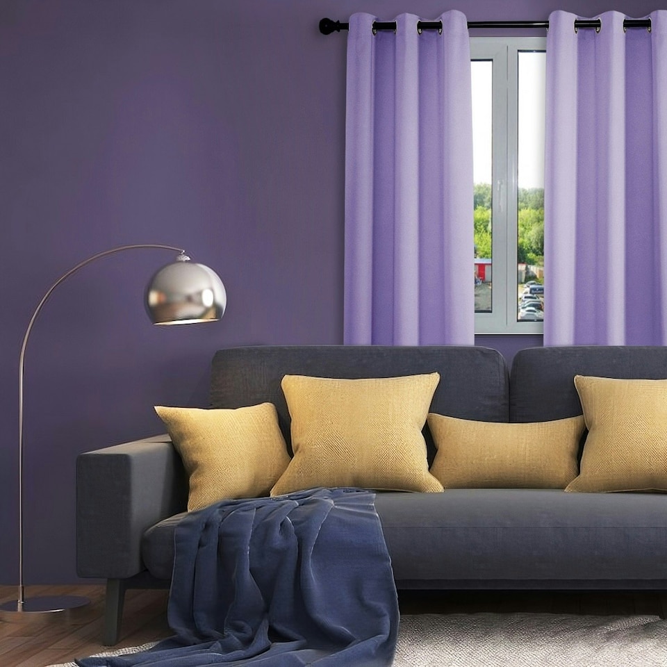 image 1 of Lilac Eyelet Curtains - Thermal Blackout Curtains - 46 x 63 Inch Drop - 2 Panel | Purple | One Size