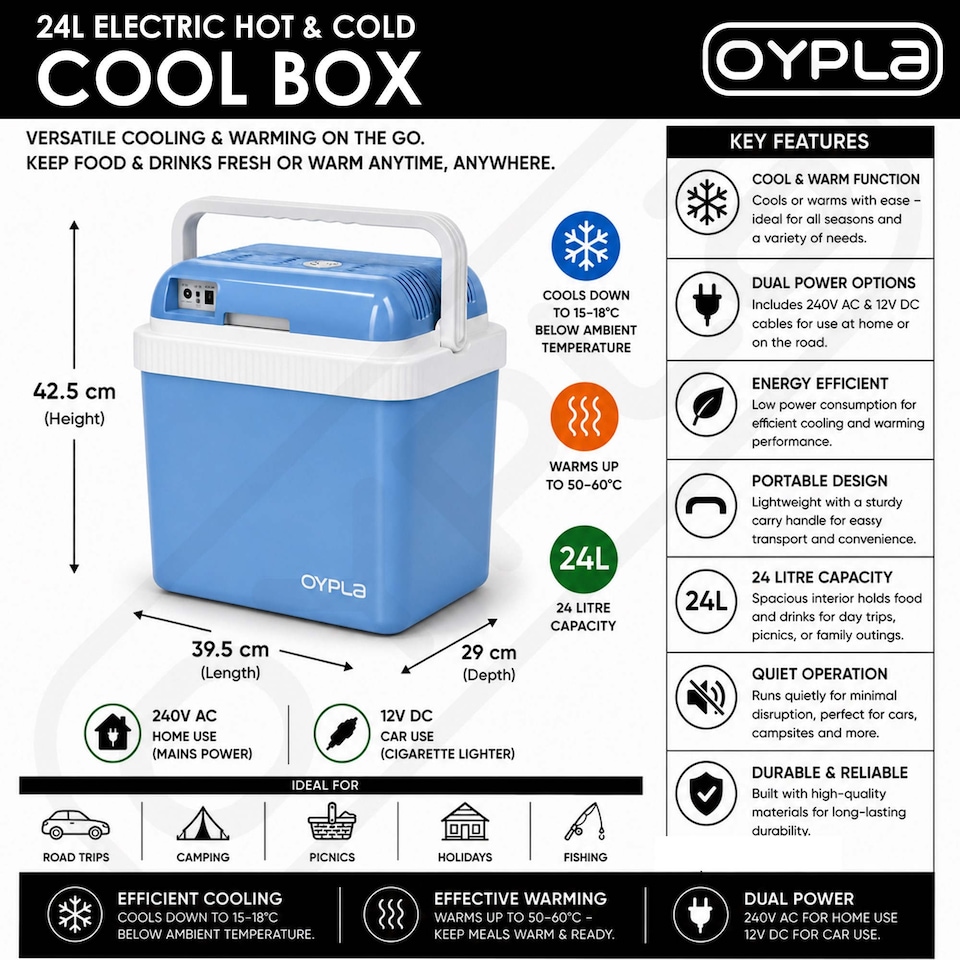 image 1 of 24L 240V AC & 12V DC Coolbox Hot Cold Portable Electric Cool Box | Blue