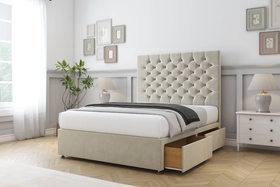 image 1 of Sloomy Mayfair Cream Plush Divan Bed With Mattress 4 Drawers With 54" Floor Standing Headboard 5' King | Cream | Cream | King | 1