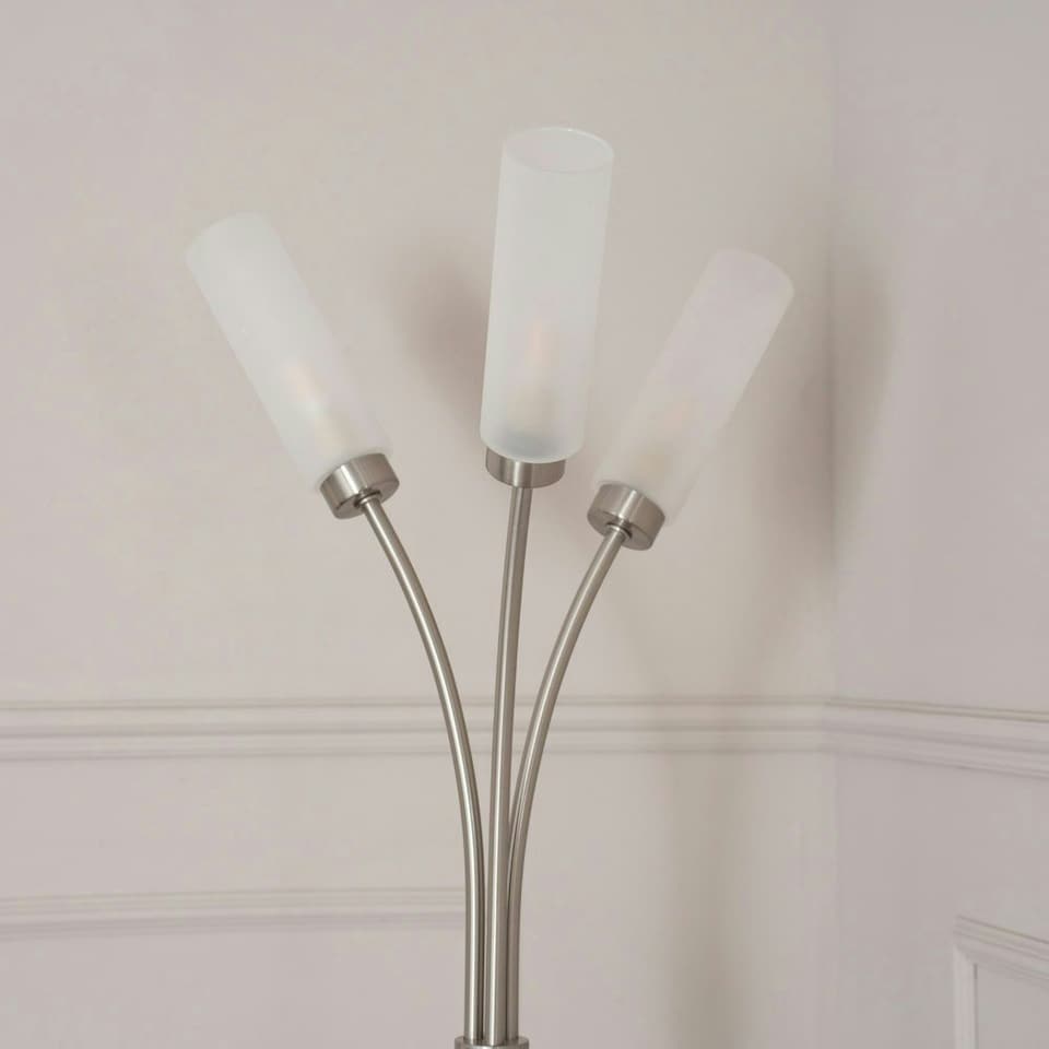 image 1 of ValueLights Maya Brushed Chrome 3 Way Curved Arm Reed Shaded Upright Floor Lamp