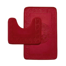 VELVETIO Bath Mat Set Greek Pattern Anti Slip Memory Foam Toilet Rug Red
