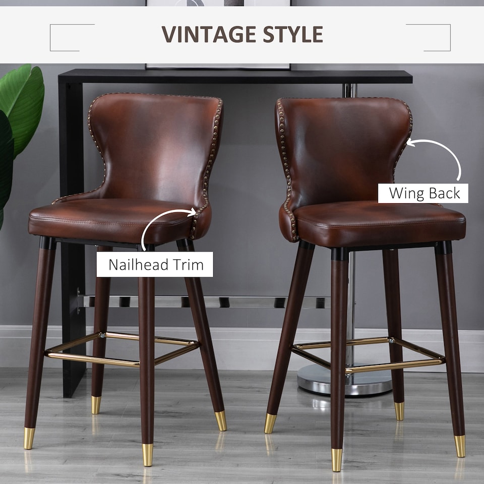 image 1 of HOMCOM Bar Stools Set of 2, PU Leather Barstools with Backrest, Footrest and Solid Wood Legs, Dining Stools for Kitchen, Counter, Breakfast Bar, Brown