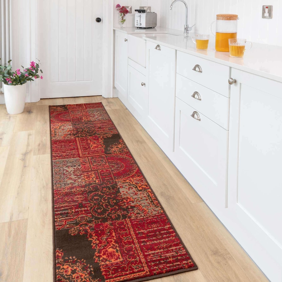 image 1 of KUKOON Red Brown Traditional Patchwork Living Area Rug 80cm x 320cm