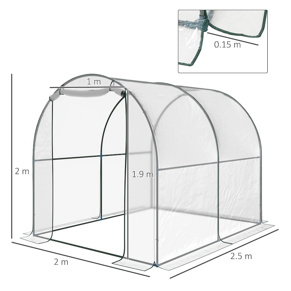 image 1 of Outsunny Walk In Polytunnel Greenhouse w Roll Up Door PVC Cover, 2.5 x 2m