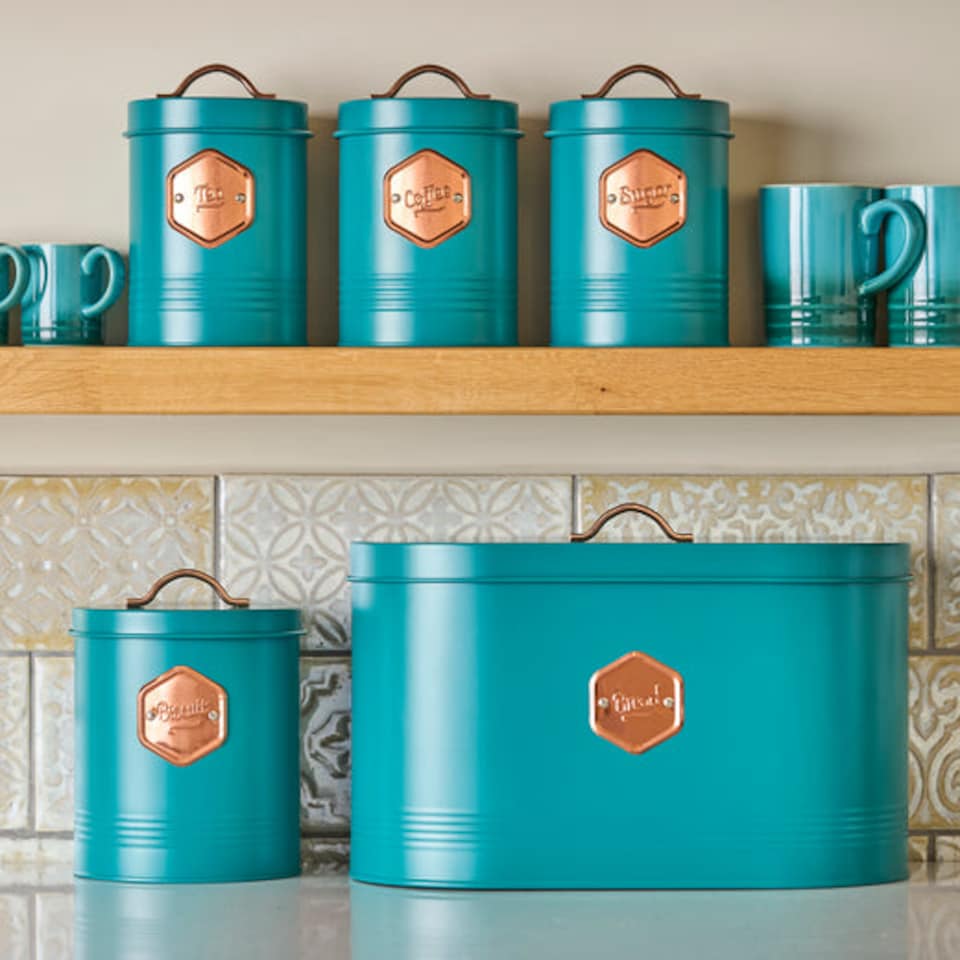 image 1 of Cooks Professional 5 Piece Kitchen Storage Set – Tea, Coffee, Sugar, Bread & Biscuit Tins | Blue | Teal & Copper
