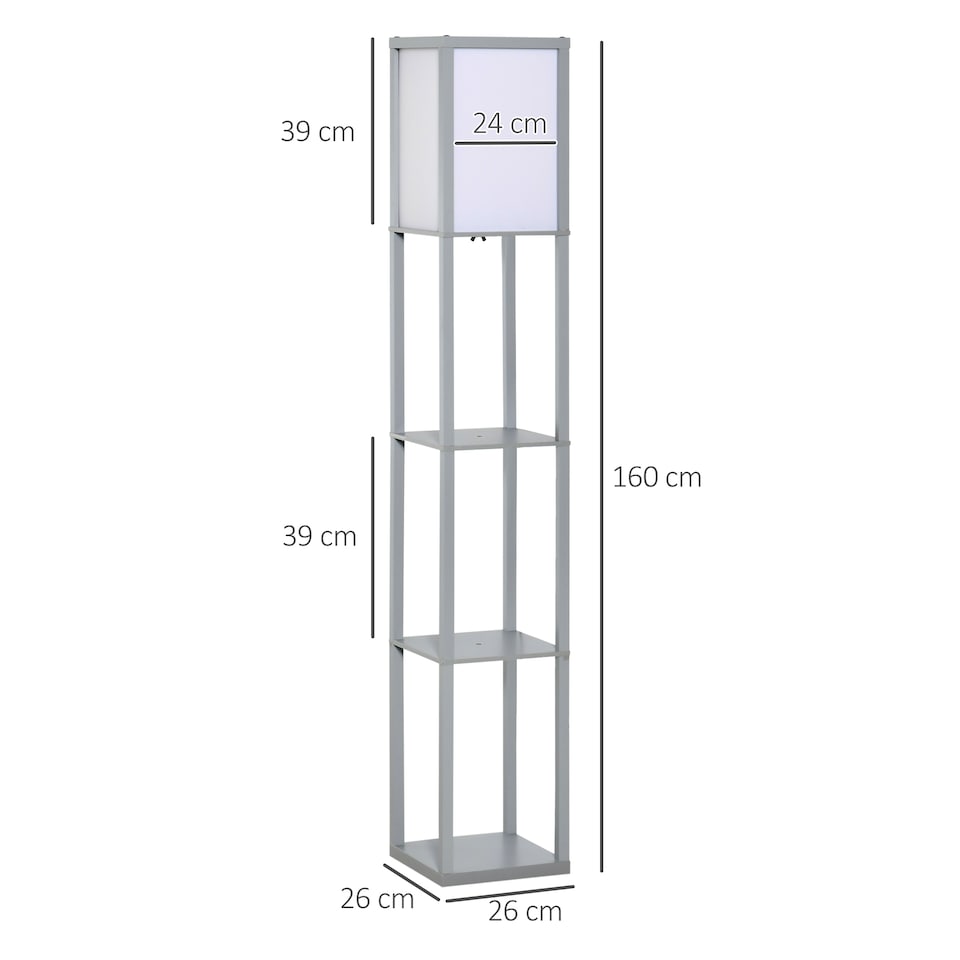 image 1 of HOMCOM 3Tier Floor Lamp, Floor Light with Storage Shelf, Reading Standing Lamp with Acrylic Shade for Living Room, Bedroom, Kitchen, Dining Room, Office, Dorm, 160cm, Grey