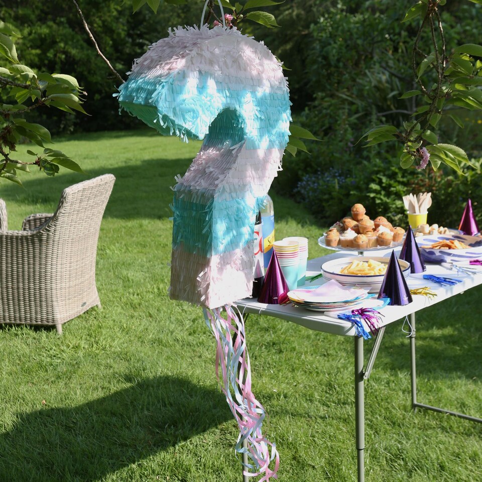 image 1 of Fax Potato 2pc Gender Reveal Pull String Pinata Set with Blindfold - Blue/Pink