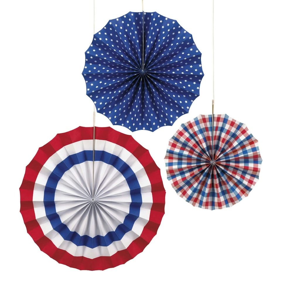 3 RED/WHT/BL PTRT ASSORTED PAPER FANS - UNIQUE