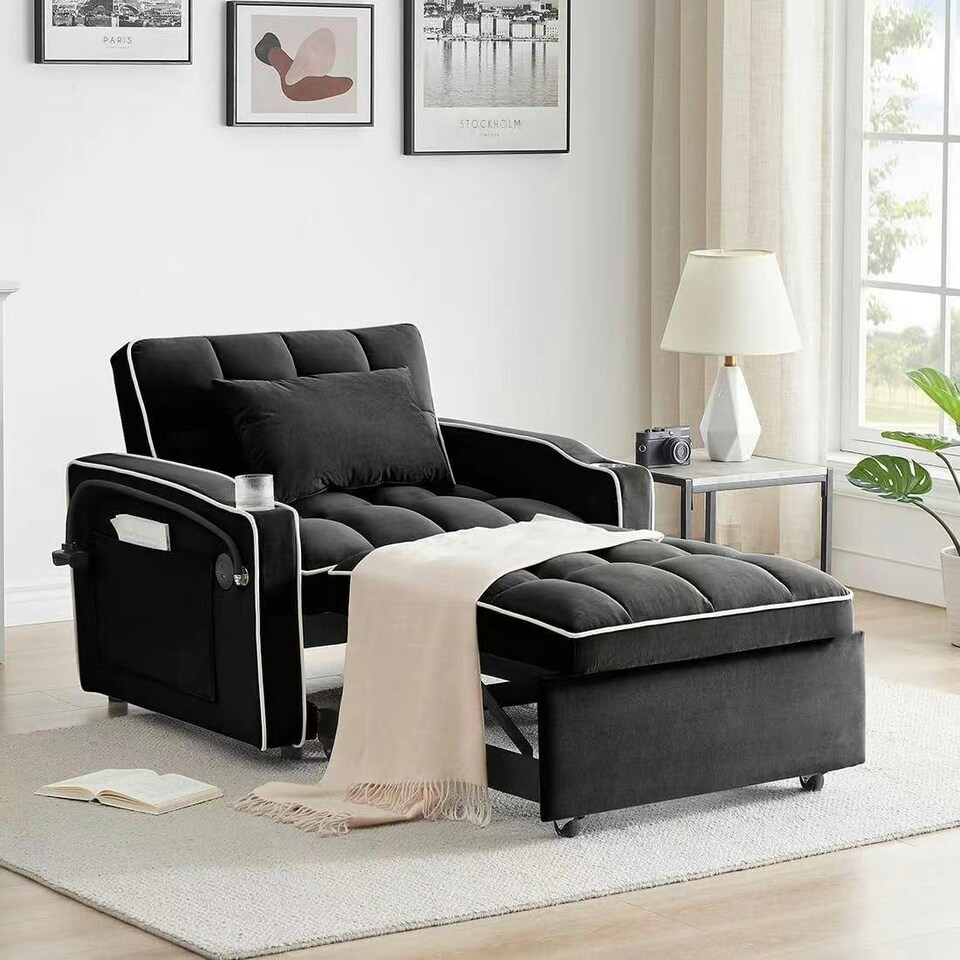 image 1 of 3-in-1 Convertible Sofa Bed Sleeper Chair with Adjustable Backrest, USB Charging & Cup Holder for Small Spaces Grey