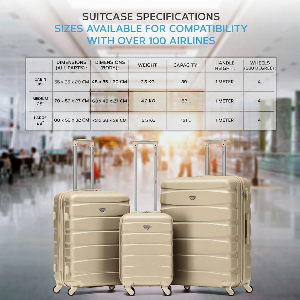 image 1 of Flight Knight 25" 4 Wheel ABS Hard Case Medium Suitcase 100+ Airlines Approved - easyJet, British Airways, Ryanair, Jet2, Emirates & Many More - Check-in | Cream | Champagne | Medium