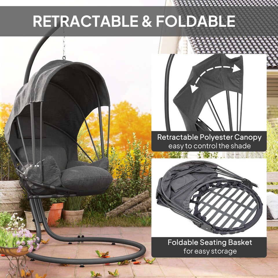 image 1 of Outsunny Hanging Egg Chair with Cushion and Retractable Canopy, Swing Hammock Chair with Adjustable Metal Stand, for Indoor and Outdoor, Grey