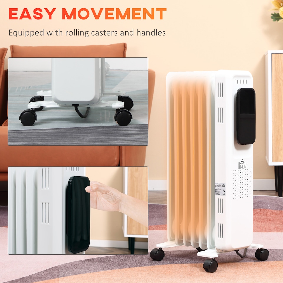 image 1 of HOMCOM 1500W Oil Filled Radiator, 7 Fin Portable Electric Heater with LED Display, 24H Timer, 3 Heat Settings, Adjustable Thermostat, Safety Cut off, Remote Control, White