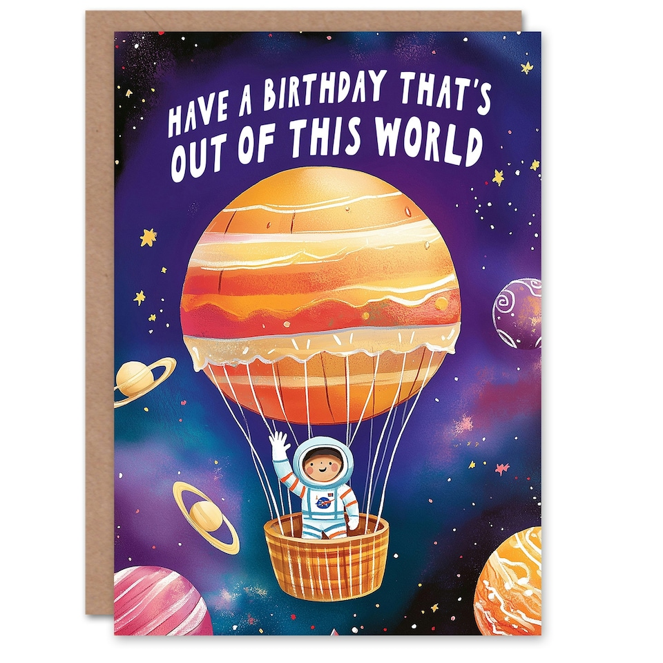 image 1 of Birthday Card Out Of This World Cute Astronaut Hot Air Balloon