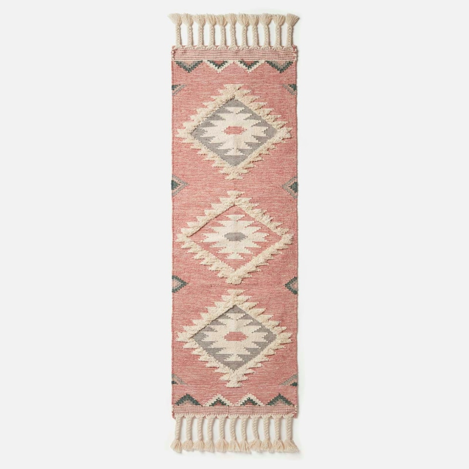 image 1 of Homescapes Pali Pink Kilim Runner Wool Rug - 66 x 200 cm | Pink | 66 x 200 cm
