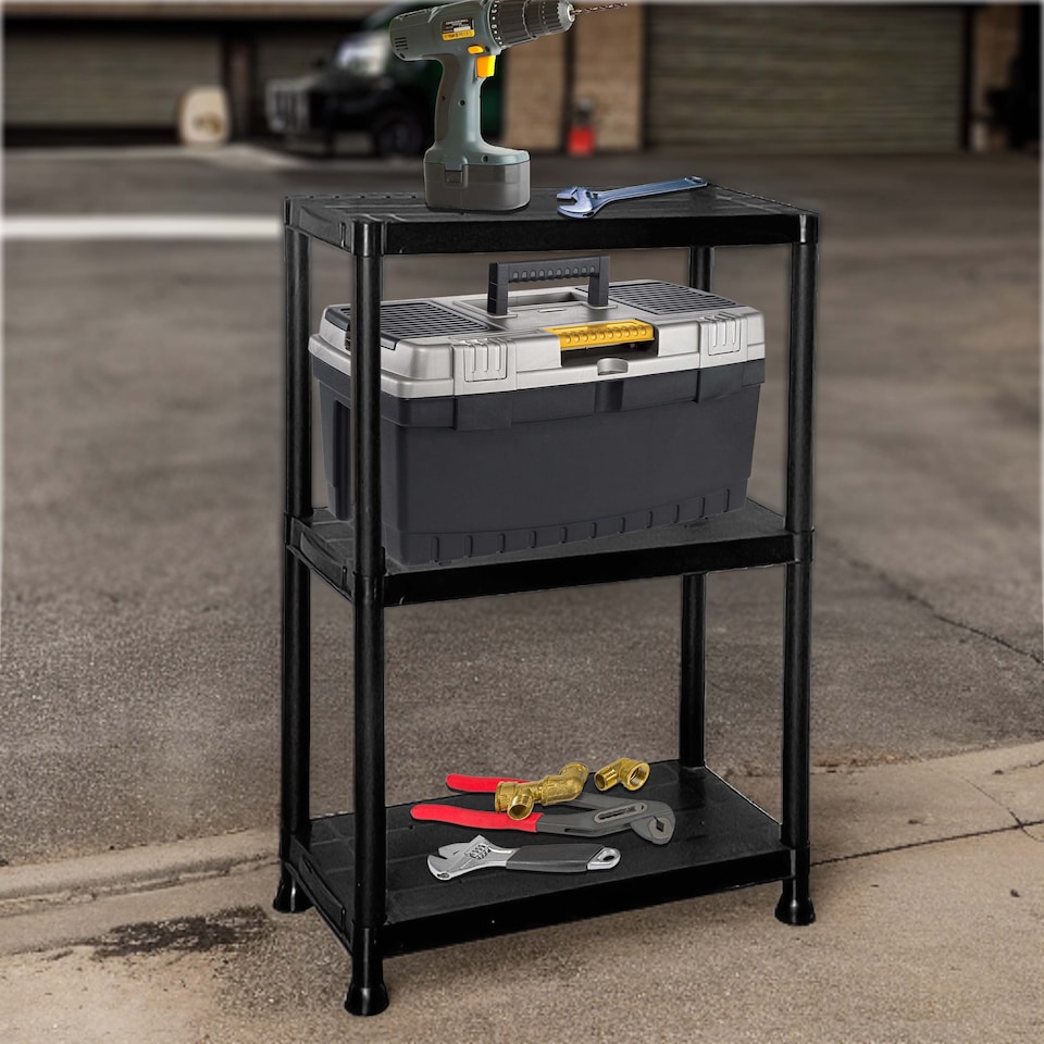 image 1 of 3 TIER PLASTIC STORAGE SHELVES SHELVING HOME GARAGE ORGANISER SHELF RACK