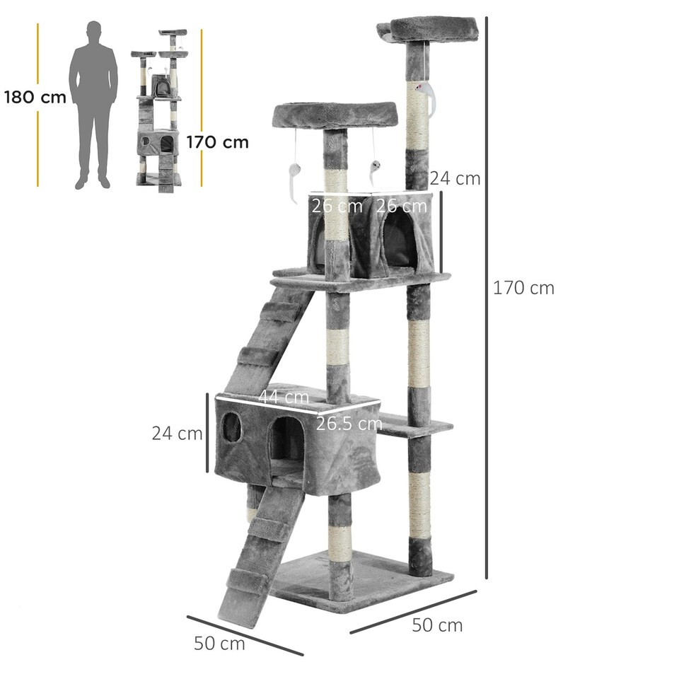 image 1 of PawHut 173cm Cat Tower Scratching Post Activity Centre for Indoor Grey