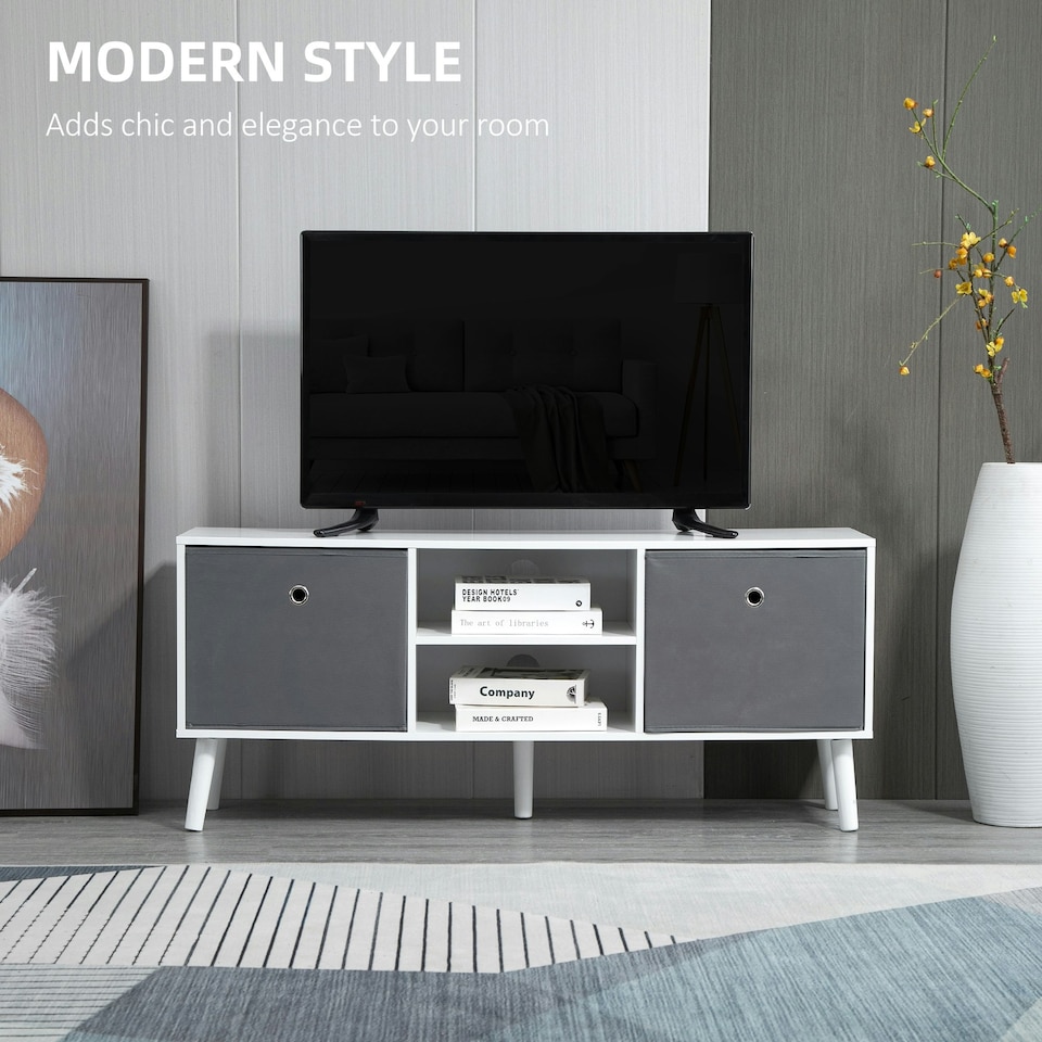 image 1 of HOMCOM Modern TV Cabinet Stand w/ Shelves & Drawers, Bedroom White & Grey