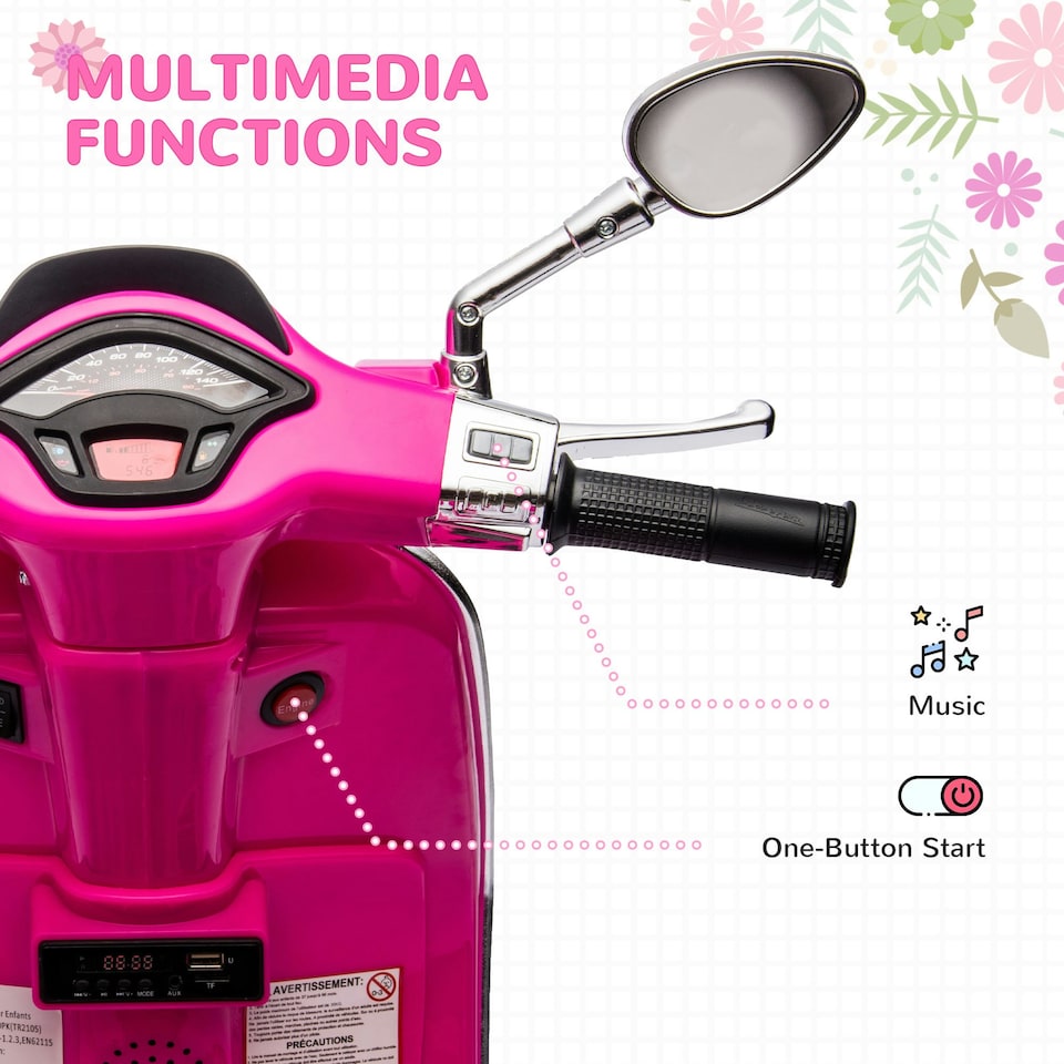 image 1 of AIYAPLAY Vespa Licensed 12V Kids Electric Bike w/ 2 Training Wheels, Pink