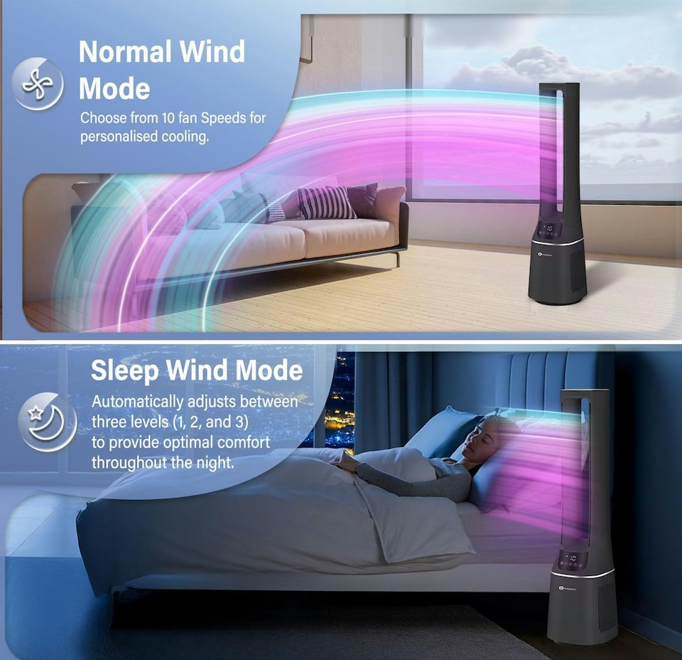 image 1 of PureMate 42-Inch Bladeless Tower Fan with Air Purifier - Black