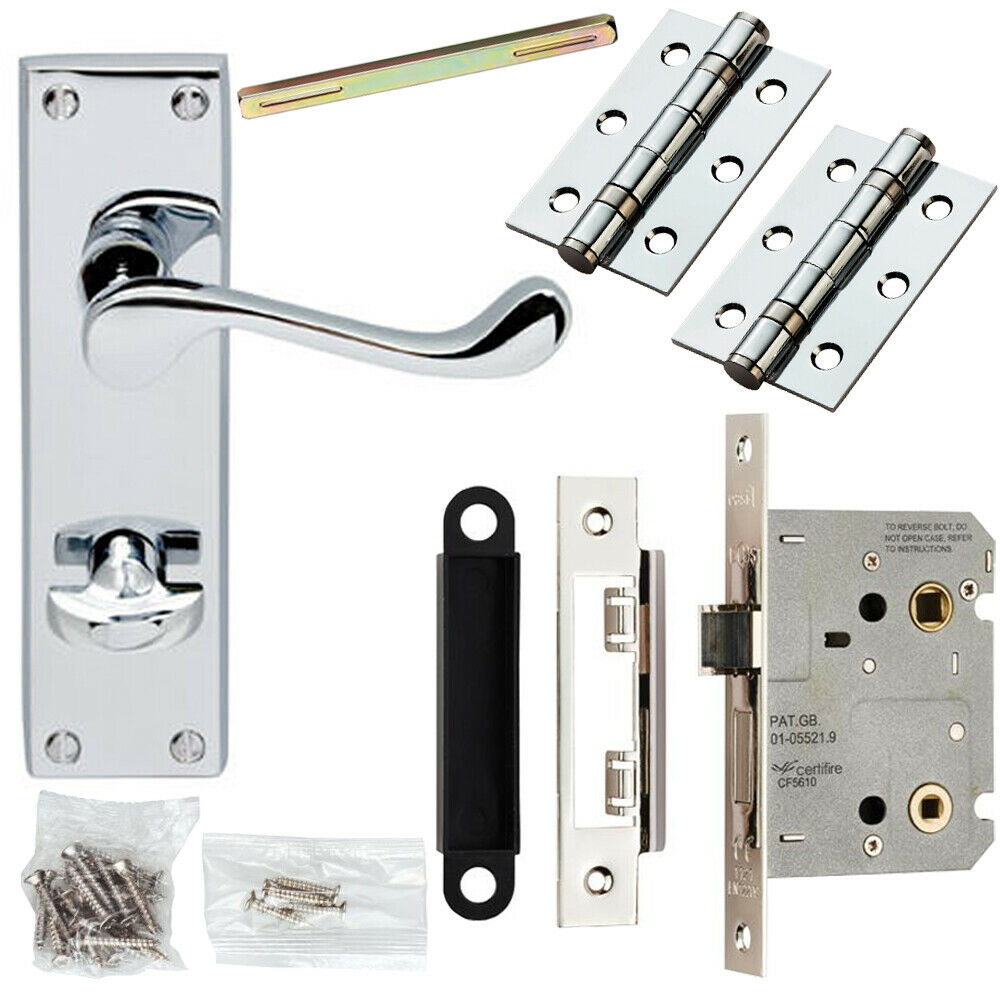 Loops Door Handle & Bathroom Lock Pack Chrome Victorian Scroll Thumb Turn Backplate