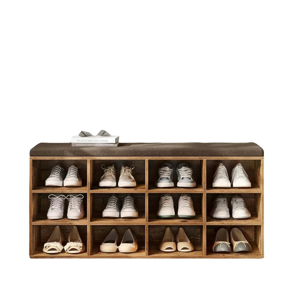 image 1 of Wide Shoe Storage Bench With Cushioned Seat And Drawer Natural Brown | Brown | One Size