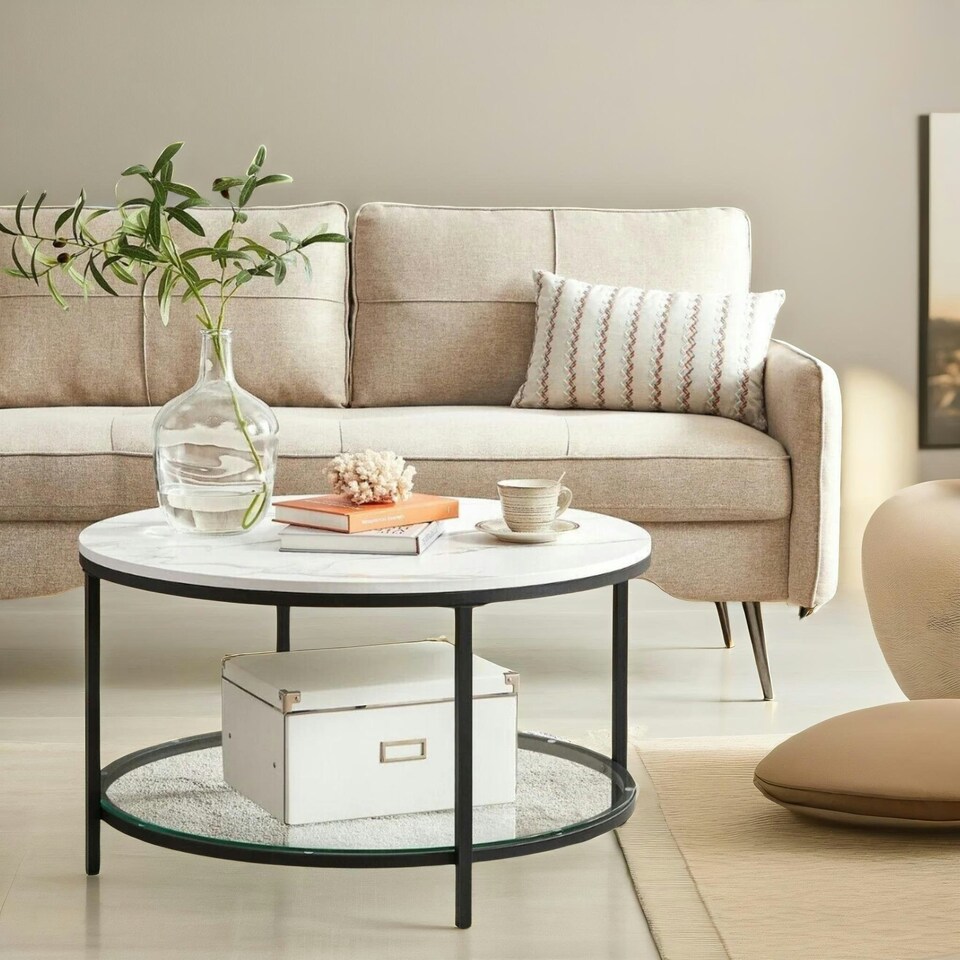 image 1 of 2 Tier Round Faux Marble Coffee Table White