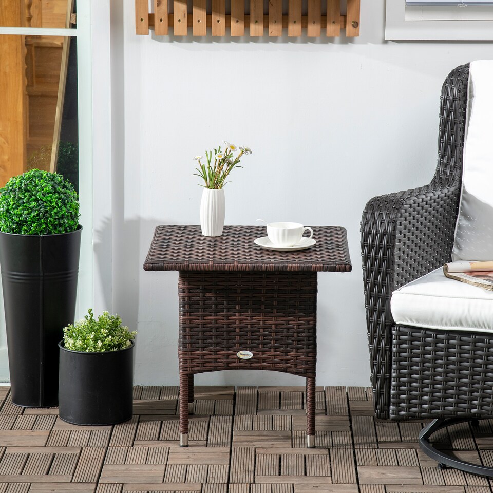 image 1 of Outsunny PE Rattan Outdoor Coffee Table, Easy Match Rattan Side Table, Brown