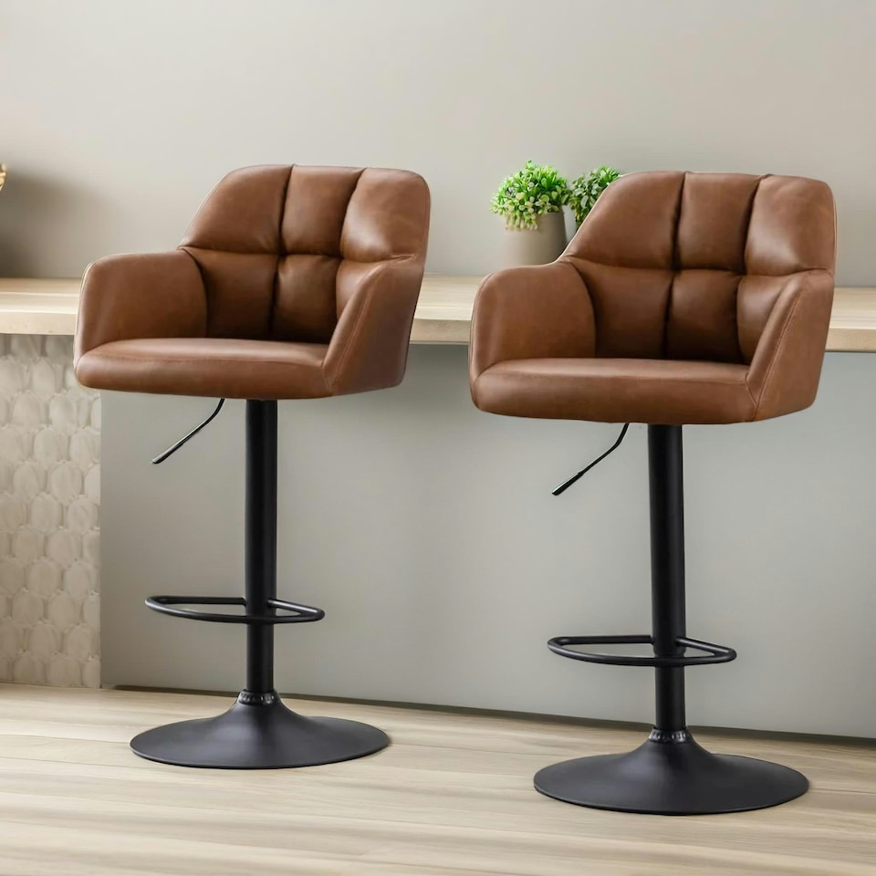 image 1 of 2PC Height Adjustable 360 PU Leather Swivel Barstools Set With Armrest Brown Brown
