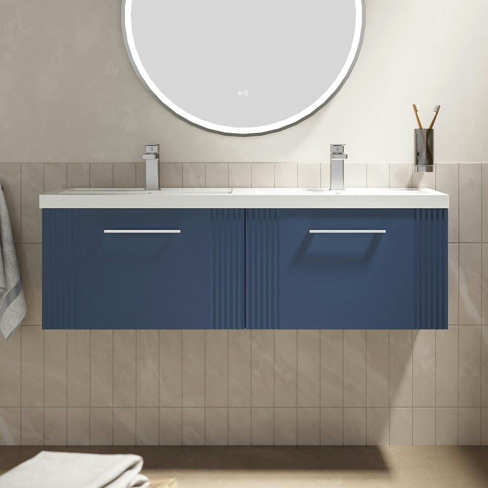 image 1 of Retro 2 Drawer Wall Hung Vanity Unit with Double Polymarble Basin - 1200mm - Satin Blue - Balterley Blue