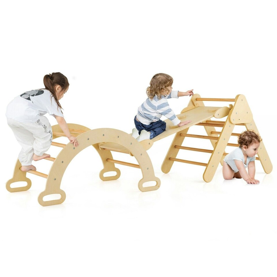 image 1 of COSTWAY 3-in-1 Triangle Wooden Toddler Climber Ramp Arch