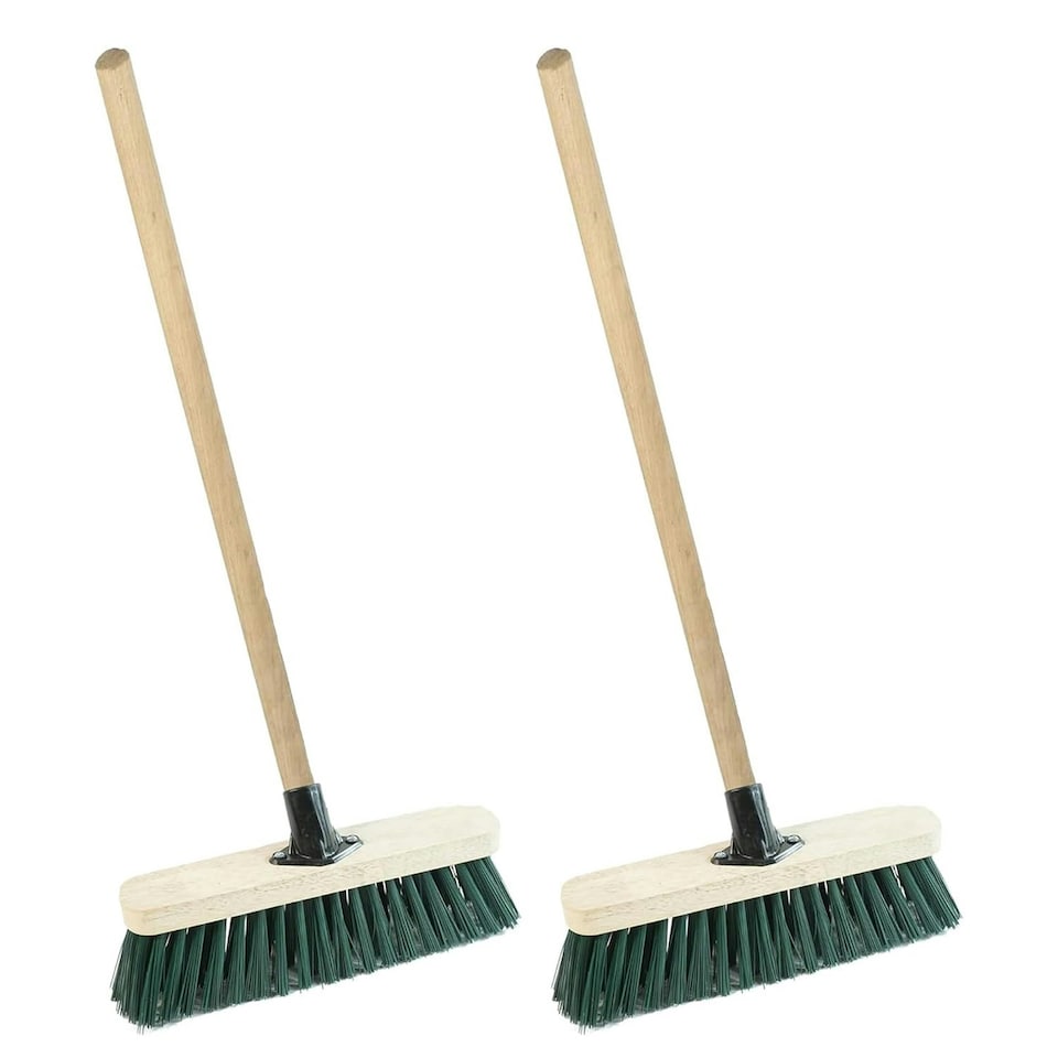 image 1 of 2 x 12" Strong Green Wooden Handle PVC Bristle Sweeping Broom Great For Outdoor Areas