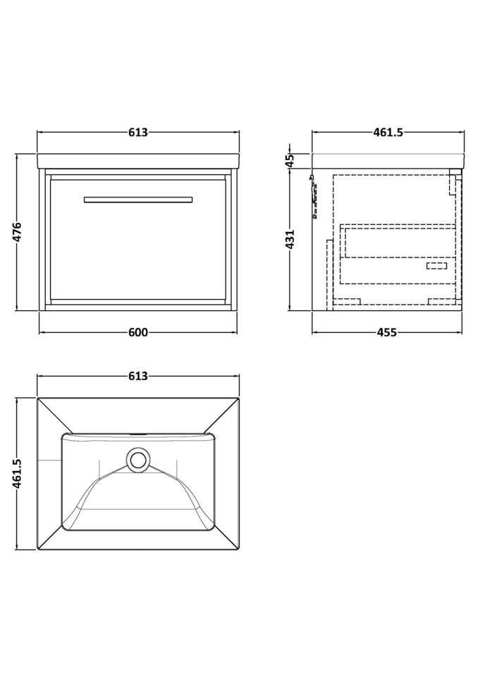 image 1 of Bathroom 1 Soft-Close Drawer Wall Hung Fireclay Basin, Grey, 600mm | Grey | Pebble Grey | 1