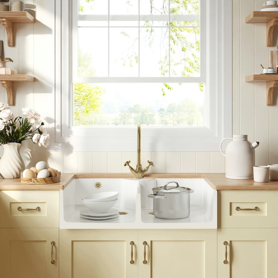 image 1 of Fireclay Kitchen Bundle - Double Bowl 1 Tap Hole Butler Sink & Tap Hole, Wastes & Mono Tap, 895mm - Brushed Brass - Balterley