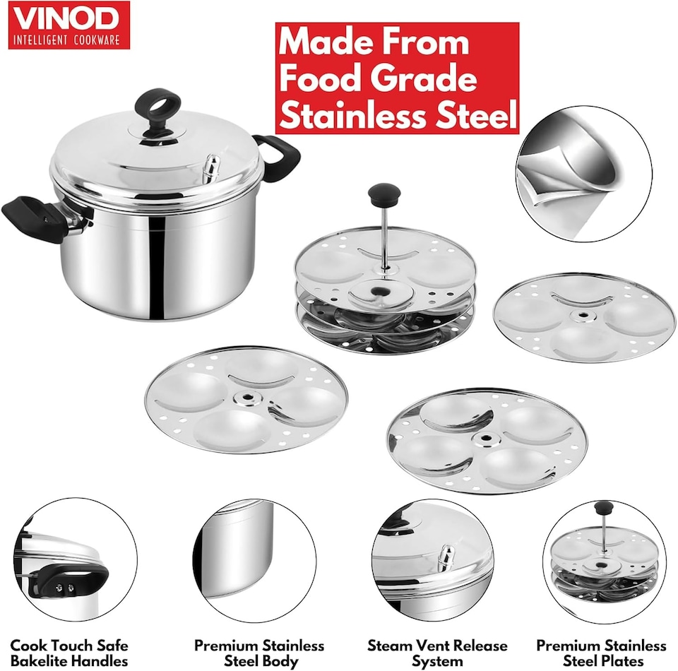 image 1 of Vinod Classic Stainless Steel Idli Maker Steamer | 6 Deeper Plates for 24 Fluffy Idlis