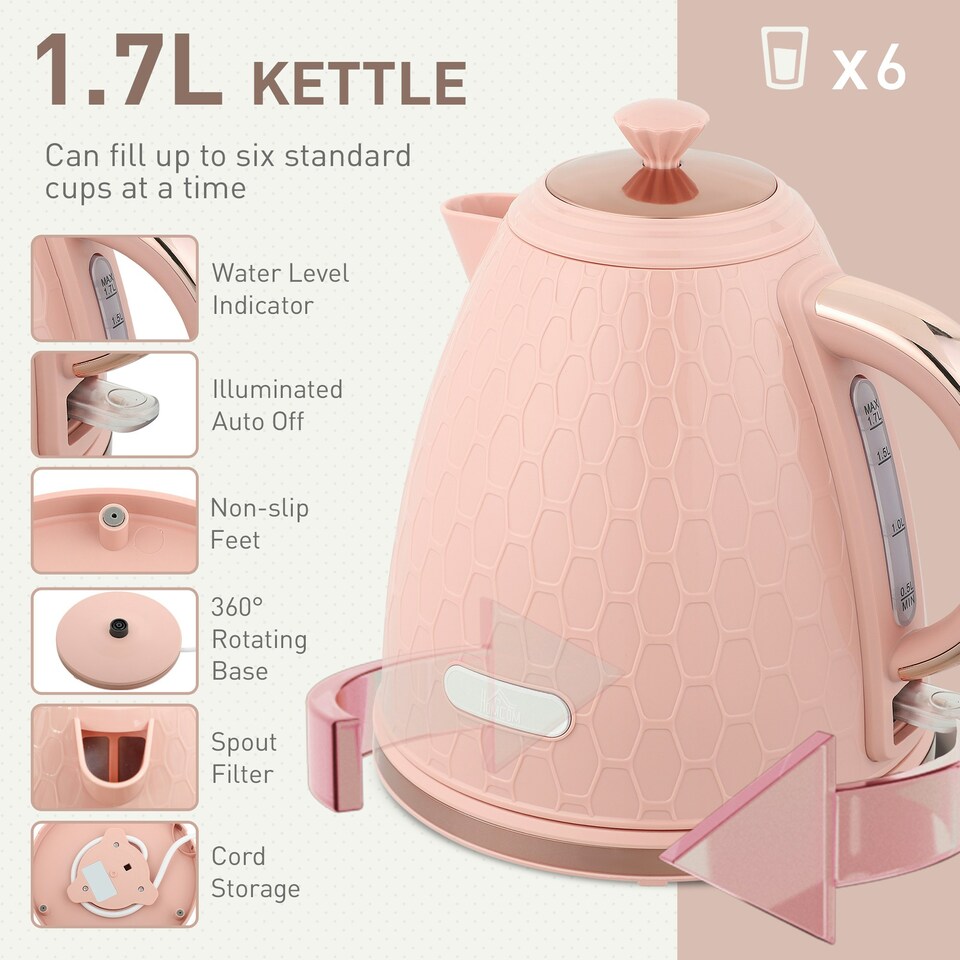 image 1 of HOMCOM Kettle and Toaster Set 1.7L Kettle & 2 Slice Toaster Set, Light Pink