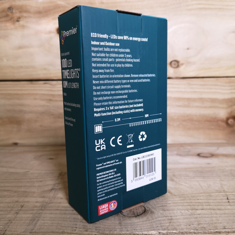 image 1 of 100 LED 10m Premier Christmas Outdoor Multi Function Battery Lights with Timer & Clear Cable in Cool White