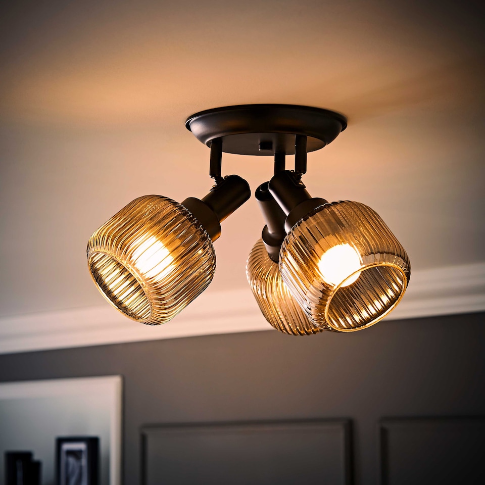 image 1 of ValueLights Calpe 3 Way Black Ceiling Light Ribbed Smoked Shades