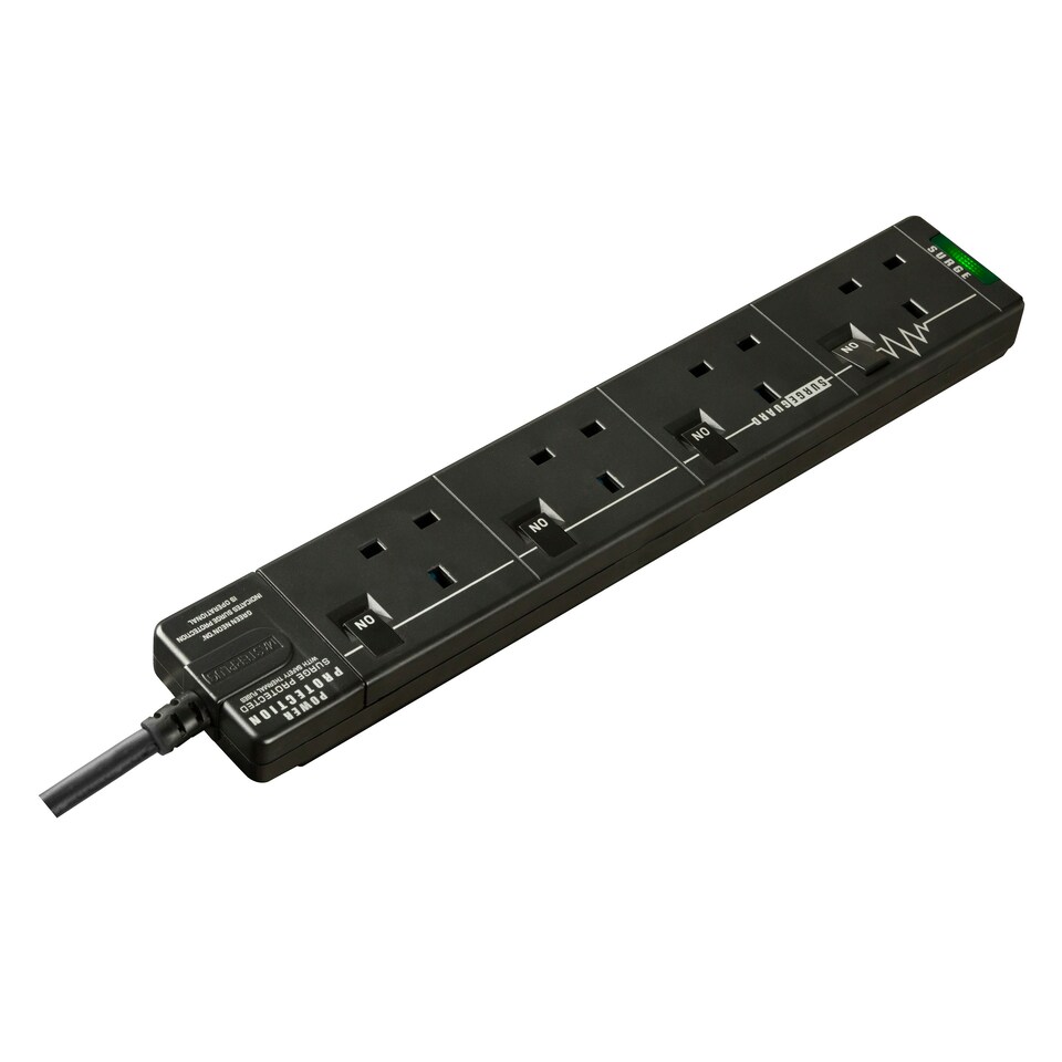 image 1 of Masterplug 4 Socket 2m Extension Lead Surge Switched & LED Black