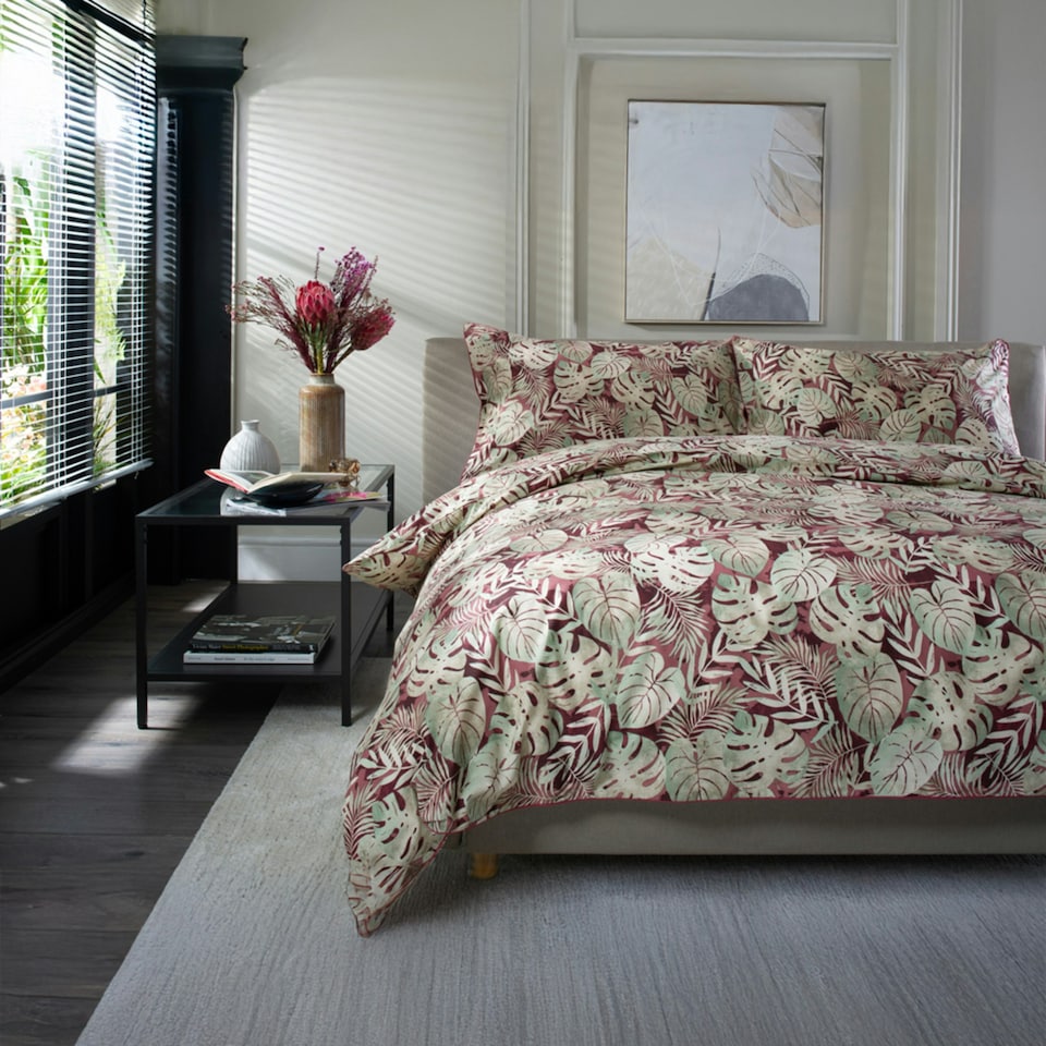 image 1 of Tropical Garden Red 180 Thread Count 100% Cotton Duvet Cover Set with Piped Finish Red | Red | Double