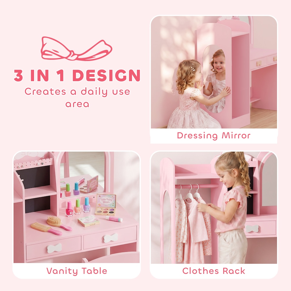 image 1 of AIYAPLAY Kids Dressing Table with Stool, 2-Colour Lights Mirror, Pink