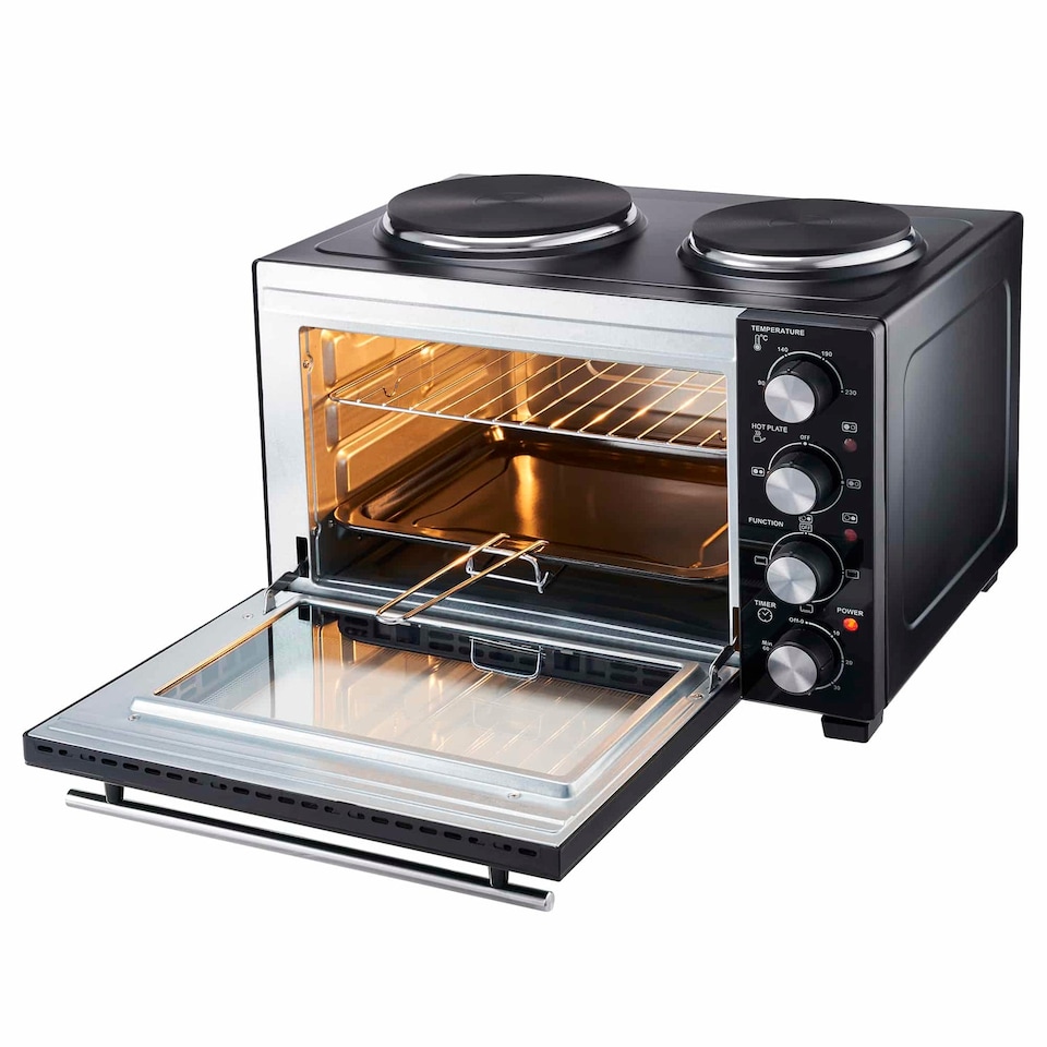 image 1 of Cooks Professional 28L Mini Oven with 2 Hobs - Electric Multifunction Countertop Cooker | Black | Black & Silver
